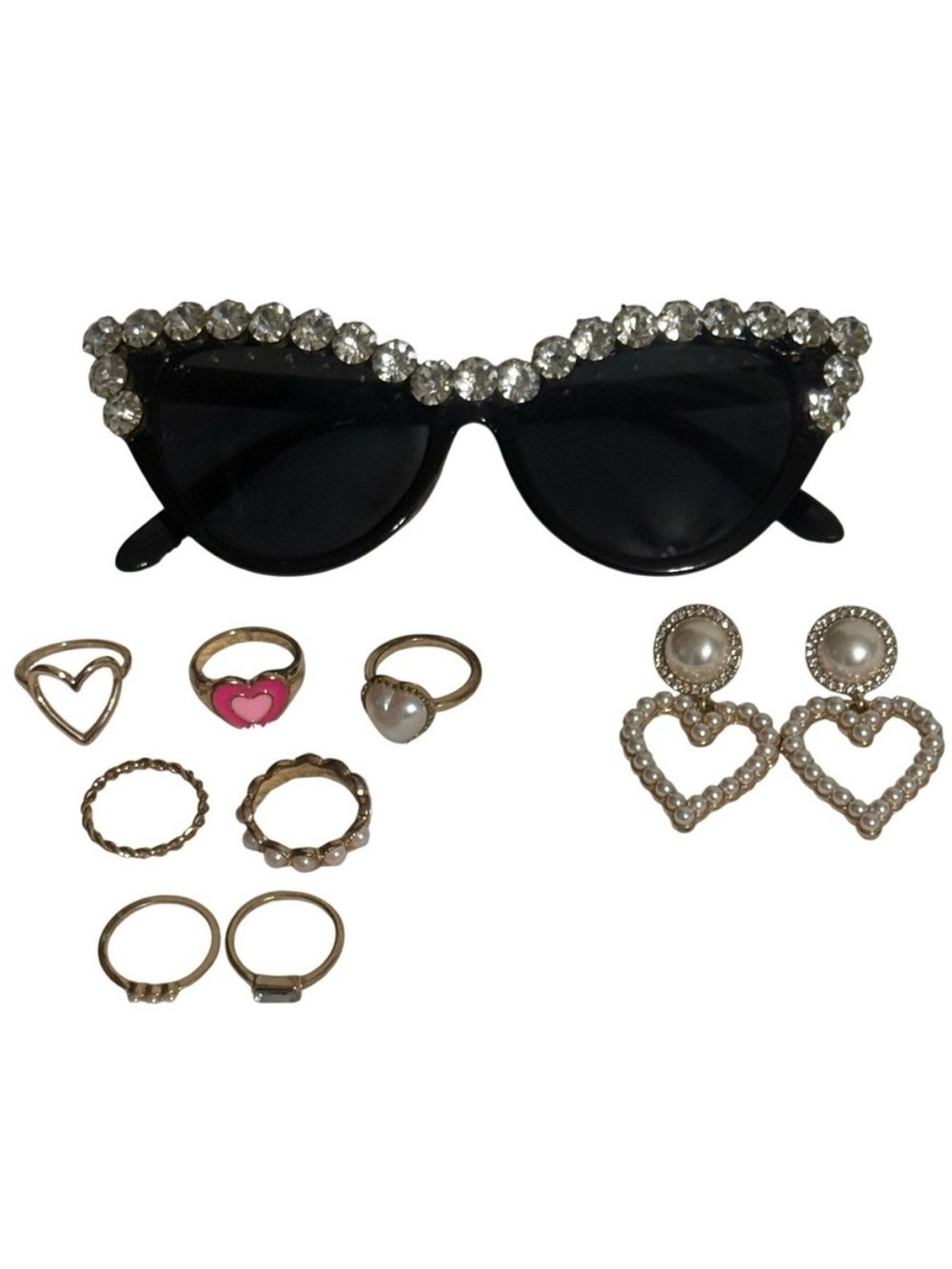 Black Sparkly Sunglasses + Rings + Heart Earrings Coquette Festival Swiftie